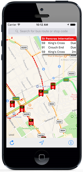 London Live Bus Map App on an iPhone